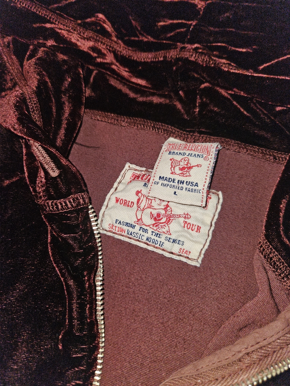 True Religion Jeans Burgundy Red Velour Hoodie - Picture 2 of 4